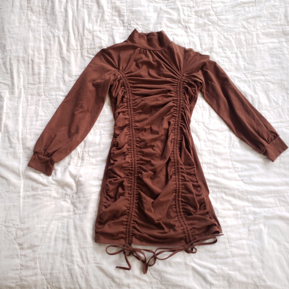 Chocolate Brown Turtleneck Mini Dress – Long Sleeve, Bodycon, Adjustable Ruching